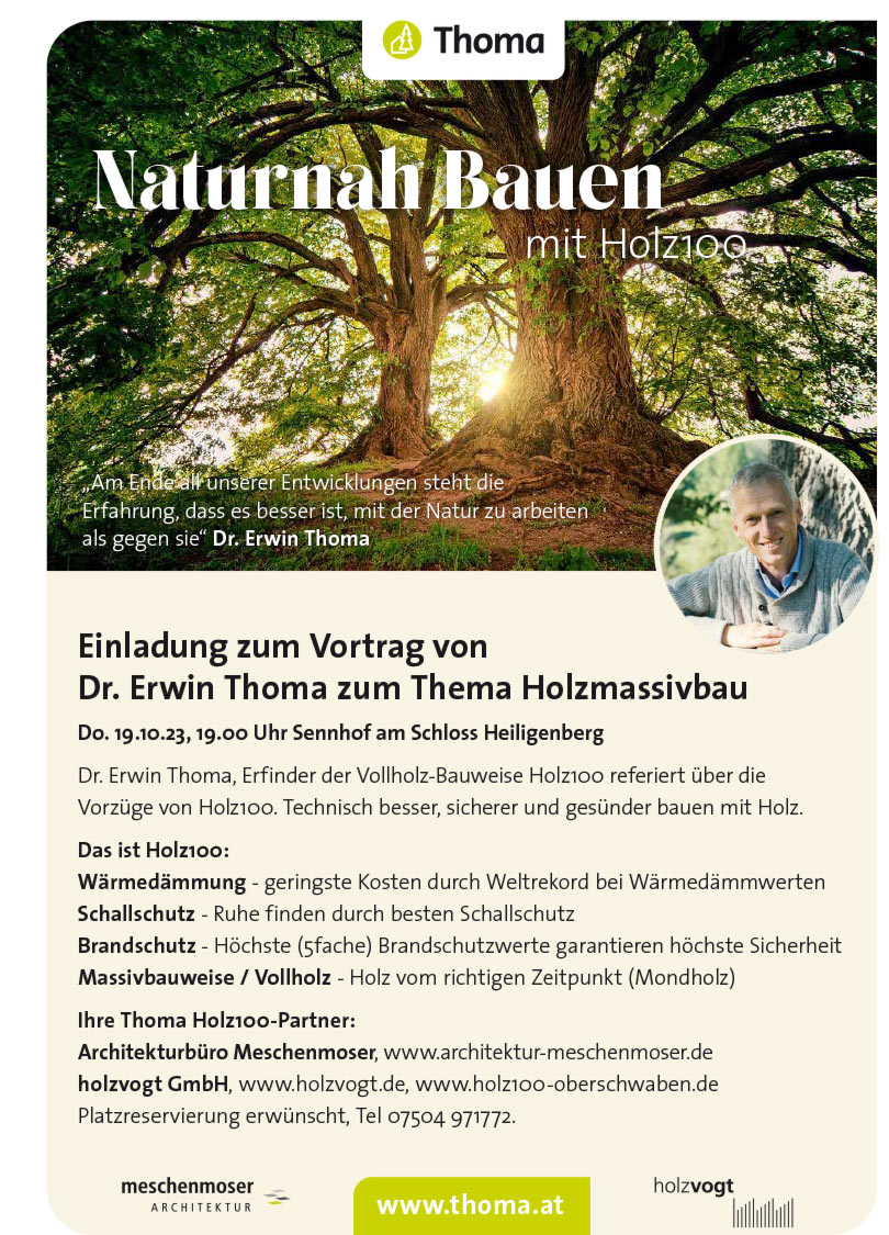 Anzeige Vortrag von Dr. Erwin Thoma zum Thema Holzmassivbau 2023