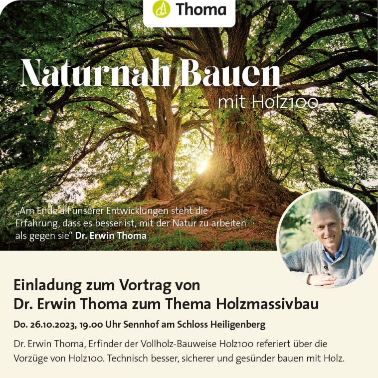 Anzeige Vortrag von Dr. Erwin Thoma zum Thema Holzmassivbau 2023